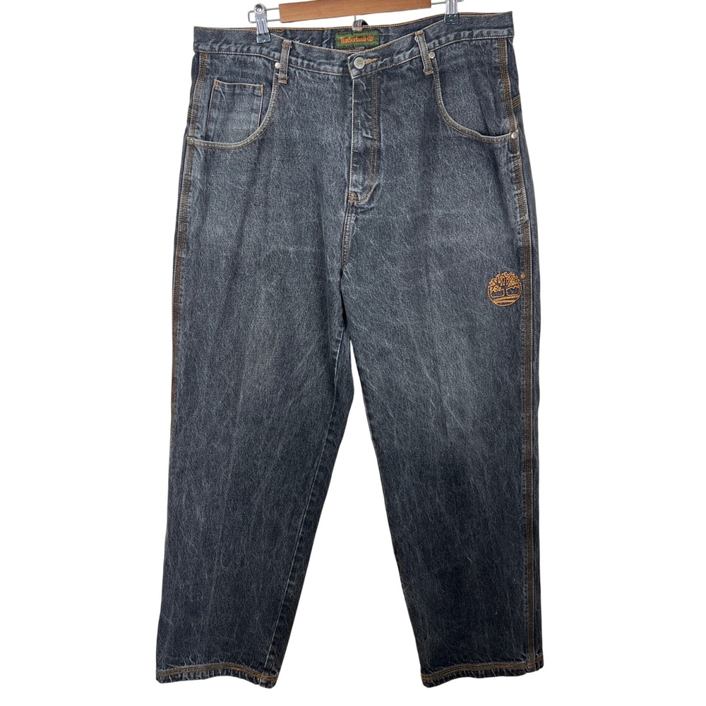 Y2K Timberland Mens Black Wash Denim Jeans‎ Size 40 Streetwear Baggy Wide Leg